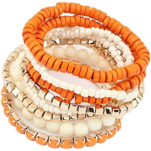 Jewelry - Bohemian Beads Cube Multi Strand Stretch Bangle Set Wood Alloy Jewelry